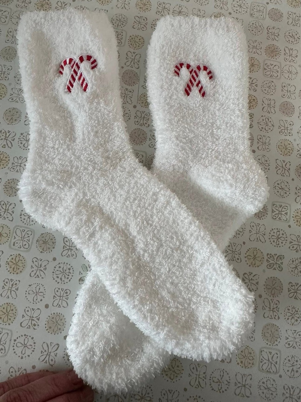 White Fuzzy Socks with Candy Cane Embroidery